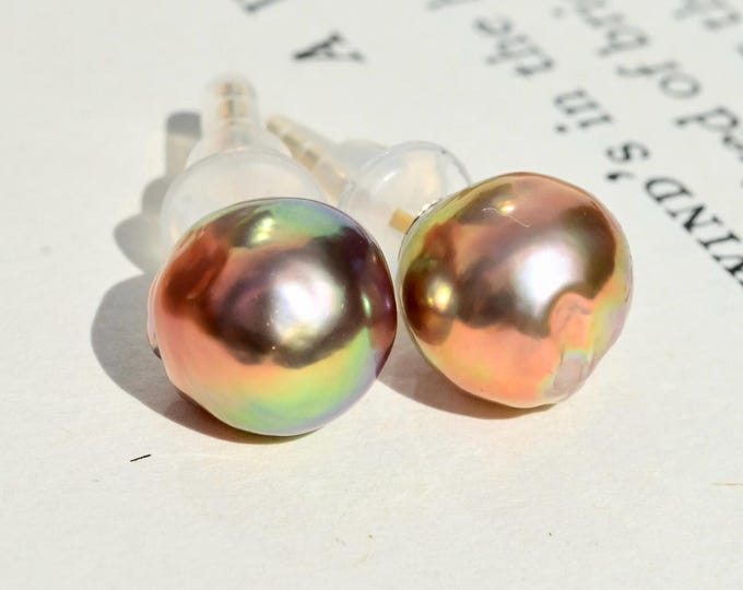 Super Metallic Kasumi-like Freshwater Pearl Studs: 8-8.6mm, Solid 18K Gold, Iridescent Baroque Pearls