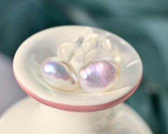 Ultimate Freshwater Keshi Pearl Studs: Solid 18k White Gold, Free formed Pearls, 6*8mm