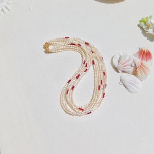 Eight Strands Petite Keshi Pearl Necklace | Pigeon Blood Ruby Stone | Solid 14kt Gold Clasp |  Gemstone and Pearls | AAA+ | 16.5'' | Red