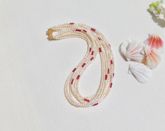 Eight Strands Petite Keshi Pearl Necklace | Pigeon Blood Ruby Stone | Solid 14kt Gold Clasp |  Gemstone and Pearls | AAA+ | 16.5'' | Red