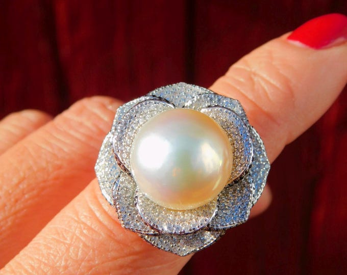 AAA 13.4mm Cream South Sea Pearl Ring | Round | Sterling Silver Rose with CZ | Adjustable Size 6.5-8.5 US | Saltwater Pearl Ring