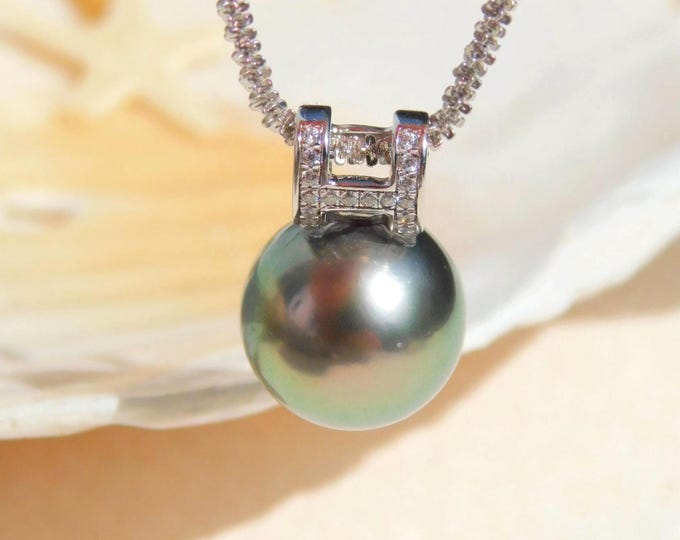 10.8mm Light Green Tahitian Pearl Pendant | AAA | Solid 18K White Gold Bail (No Chain) | Single Pearl Pendant | Pastel Tahitian Pearl