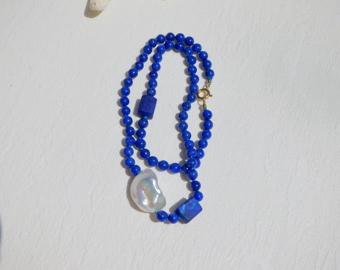 Lapis Lazuli and Freshwater Pearl Necklace | Solid 18k Gold | 17.5 Inches | Royal Blue | White | Minimalist | AAA |  Raw Lapis Lazuli