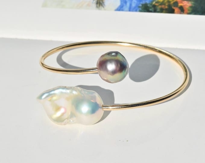Dual Pearl Bypass Bangle: 2.3mm Round Gold filled Open Bangle, 6.5-6.75 inch Wrist Size, AAA+, Freshwater Pearls