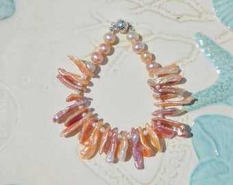 Peachy Pink Freshwater Biwa Pearl Bracelet |  Baroque Pearl Bracelet | Mauve | Peach | Biwa Stick | Sliver Clasp | 6.5-6.75 Wrist Size