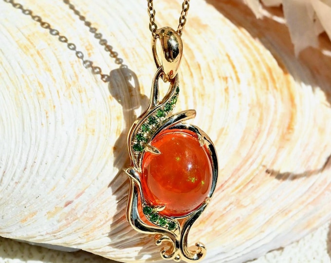1.88ct Mexican Fire Opal & Tsavorite Pendant: Solid 14K Gold, Red Gemstone