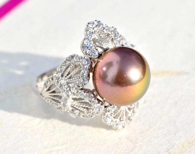 11.5mm Super Metallic Freshwater Pearl Ring: White Gold Sterling Silver Lace, AAA+, 6 3/4 US Size