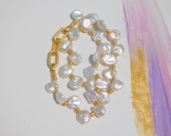 Baroque Petal Pearl Choker: 16 Inch Freshwater Pearl Necklace, Chunky Vermeil link Clasp