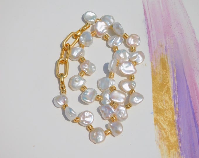 Baroque Petal Pearl Choker: 16 Inch Freshwater Pearl Necklace, Chunky Vermeil link Clasp