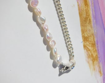 Keshi Pearl and Cuban Chain Necklace | Half and Half Necklace  | Free-formed Pearl | Sterling Silver | Pearl Nugget Necklace | S925 | AAA+