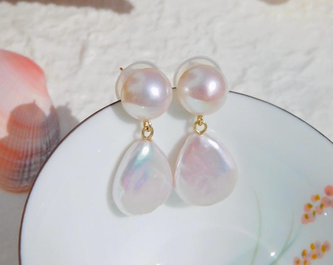 Double Pearl Earrings | Freshwater Pearls | Mabe Pearls | Baroque Pearl Earrings | Solid 18k Gold | Solid 18K Gold | White with Rainbow