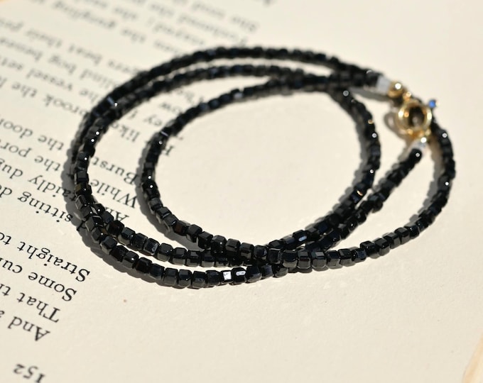 Black Spinel Necklace: Gemstone Necklace, Solid 18K Gold, 19 Inch, Faceted cubes, 3mm