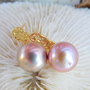 Vermeil Metallic Freshwater Pearl Earrings AAA Mauve Pink Near Round 11.4mm Yellow Gold over Silver Metallic image 8