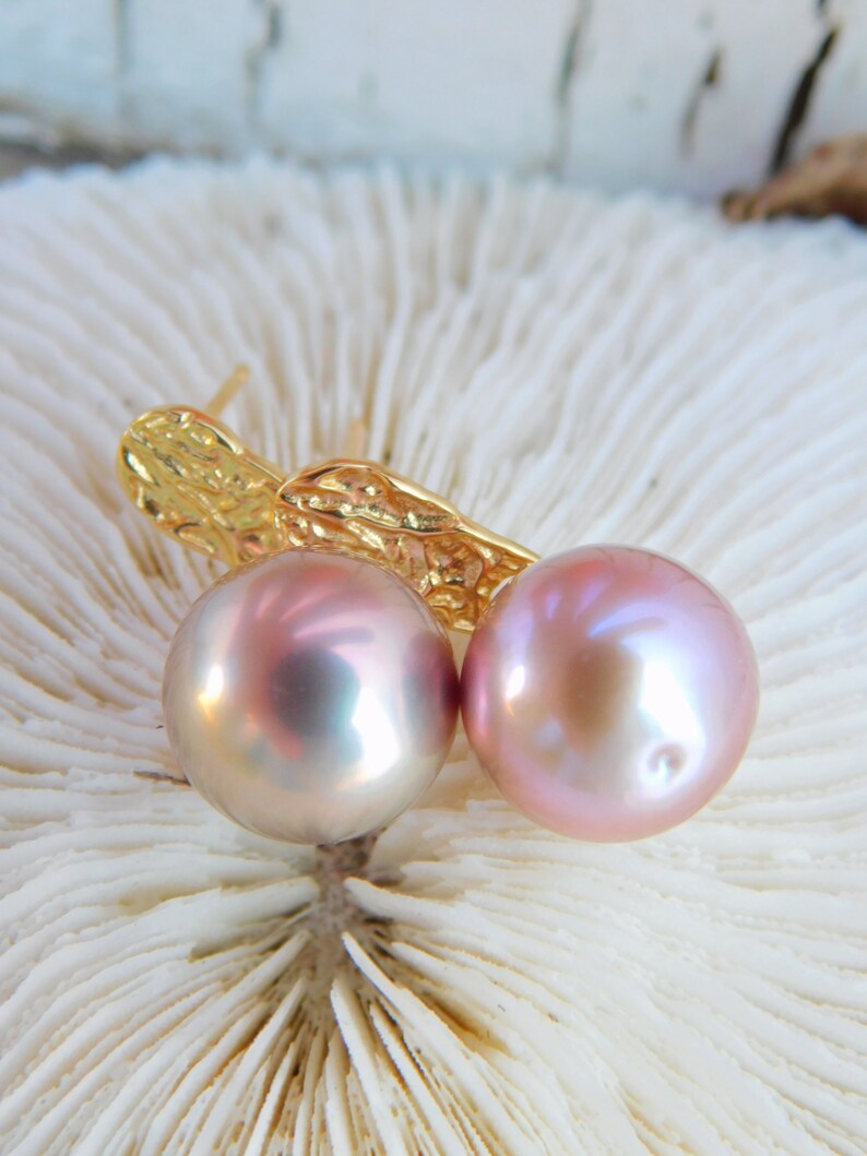 Vermeil Metallic Freshwater Pearl Earrings AAA Mauve Pink Near Round 11.4mm Yellow Gold over Silver Metallic image 8