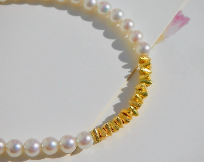 Petite Japanese Akoya Pearl Necklace | 4mm | Solid 18kt Gold Triangle | Saltwater Pearl | Pastel Cream | Adjustable | AAA | Stacking