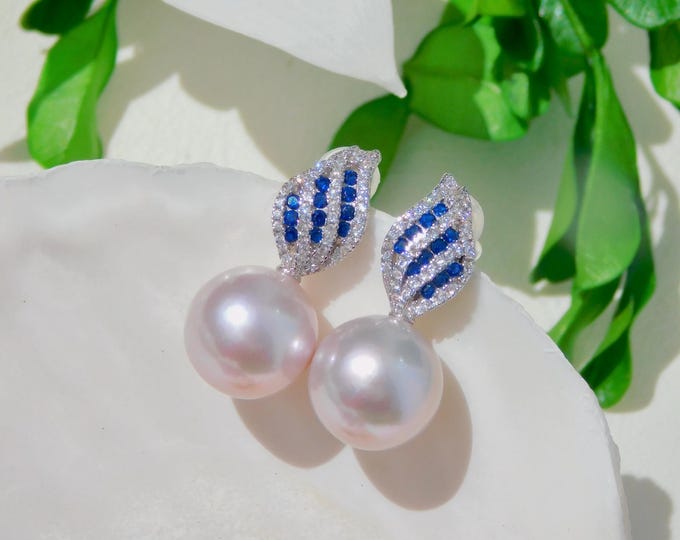Blue Stone Cluster Pearl Earrings | 12mm Freshwater Pearls | Pastel Lavender | White Gold plated Silver | AAA | Round | Drop Earrings