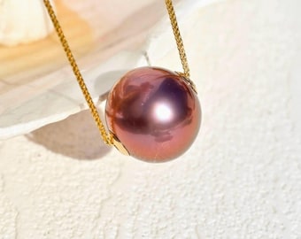 13.5mm Floating Freshwater Pearl Necklace: Copper Red, Solid 18k Gold Pin-End Chain, Dainty, AAA+
