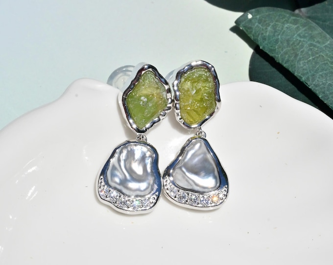 Rough Green Tourmaline & Tahitian Keshi Pearl Earrings: White Gold plated Sterling Silver, Statement