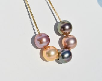 Floating Pearl Chain Necklace: 5 Pieces, Freshwater and Tahitian Pearl, AAA, Adjustable Gold filled Box Chain