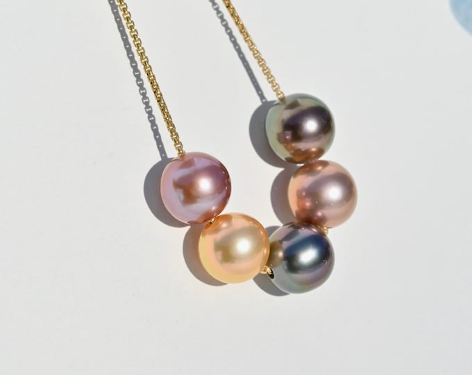 Floating Pearl Chain Necklace: 5 Pieces, Freshwater and Tahitian Pearl, AAA, Adjustable Gold filled Box Chain