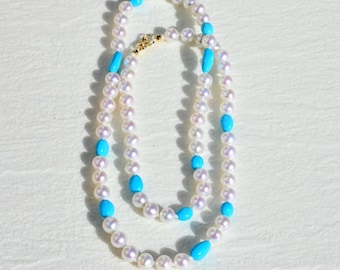 5.5-6mm Freshwater Pearl & Sleeping Beauty Turquoise Necklace: 19 Inch, Solid 18K Gold, White Pearl and Vivid Blue Turquoise Jewelry