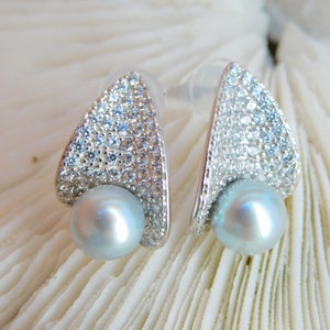 Cluster Errings Pastel Blue Akoya Pearl Earrings White Gold Plated over Silver Japanese Akoya Pearls AAA 6.7mm Modern Design image 9