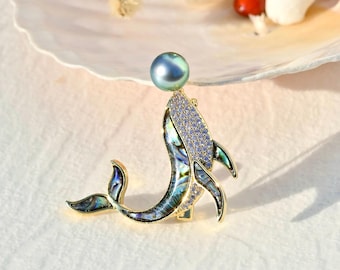 Dolphin Brooch with Tahitian Pearl: Abalone Shell, Mother-of-Pearl, Dolphin Pin, Animal
