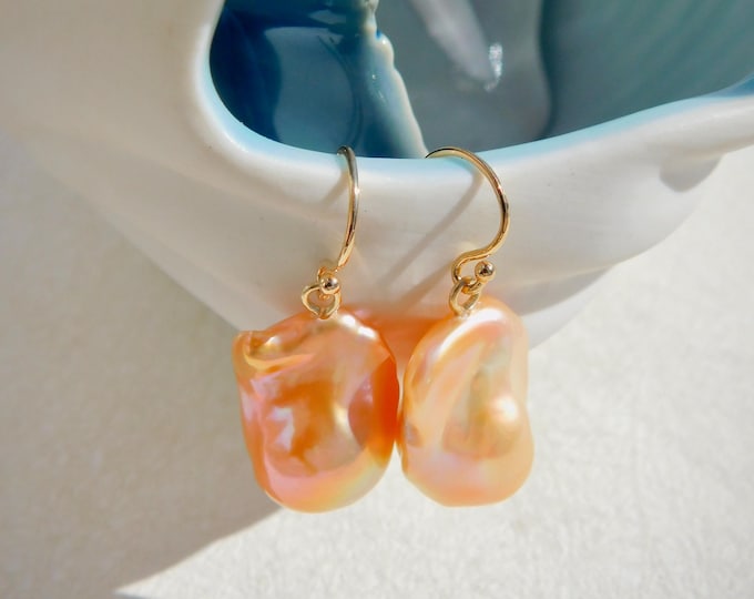 Bright Coral Baroque Pearl Earrings | Iridescent | 14* 20mm | Solid 18K Gold | Chinese Freshwater Pearls | Golden Peach | AAA+ | Large Pearl