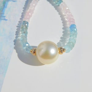 Aquamarine and Morganite with South Sea Pearl Necklace 13mm Solid 18kt/14kt Yellow Gold Saltwater Pearl AAA Gemstone and Pearl image 9