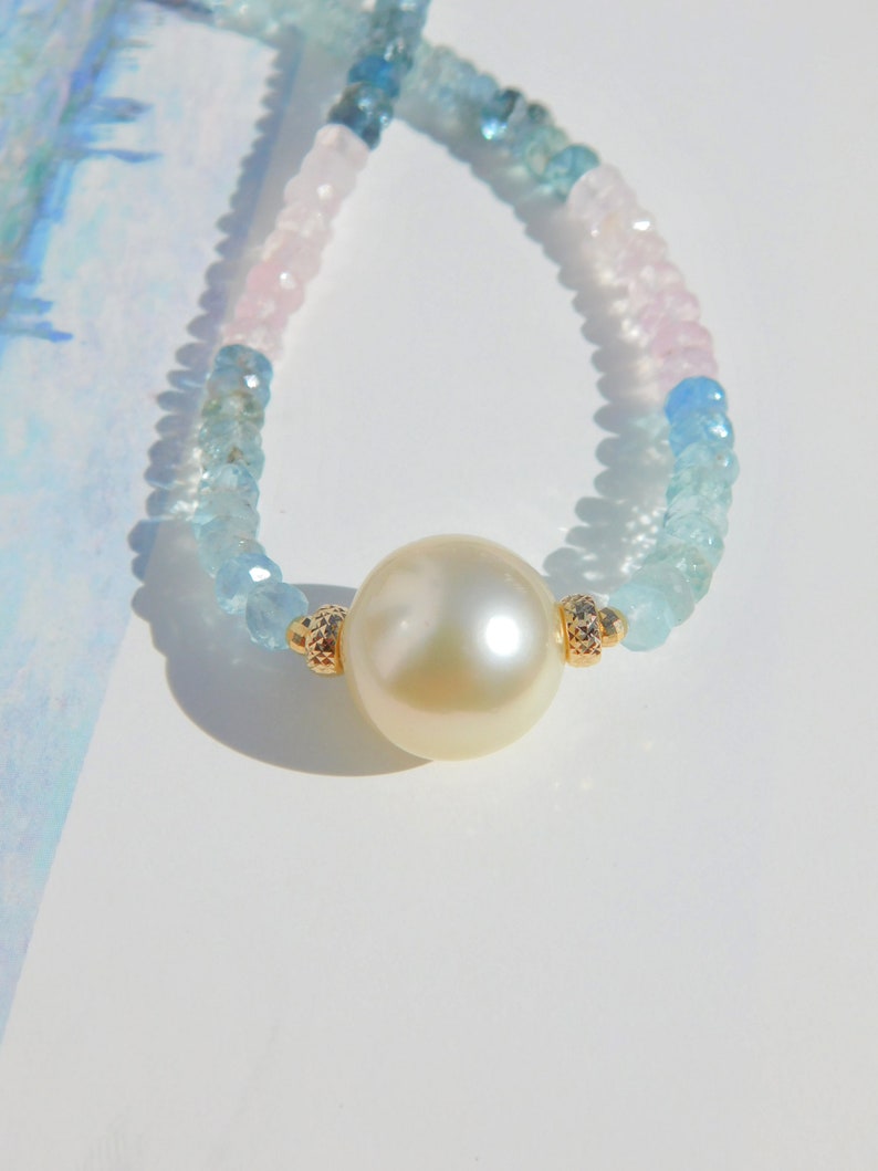 Aquamarine and Morganite with South Sea Pearl Necklace 13mm Solid 18kt/14kt Yellow Gold Saltwater Pearl AAA Gemstone and Pearl image 9