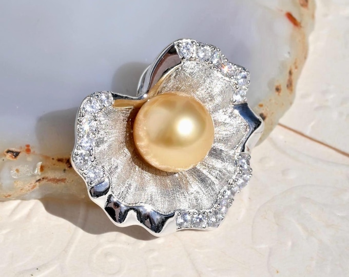 9.8mm Golden South Sea Pearl Lotus Leaf Brooch/Pendant: AAA, White Gold Plated Sterling Silver Convertible Jewelry