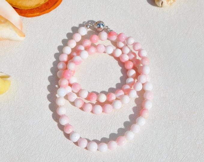 6mm Baby Pink Queen Conch Shell Necklace | Pink | Round | Shell Necklace | Sterling Silver Clasp | 20 Inches | AAA+ | Pink Necklace