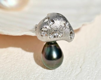 Tahitian Pearl Little Mushroom Brooch/Pendant: White Gold plated Silver, AAA, Deep Aubergine Peacock, Tahitian Pearl Pin