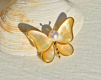 Golden Mother of Pearl Butterfly Brooch: Seashell Pin, Saltwater Akoya Pearl, Alloy