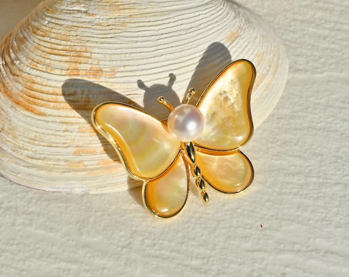 Golden Mother of Pearl Butterfly Brooch: Seashell Pin, Saltwater Akoya Pearl, Alloy