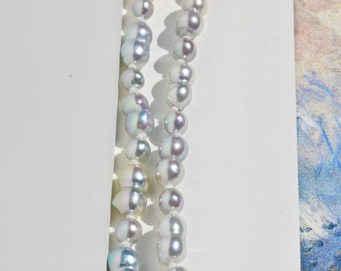 Pastel Blue Akoya Pearl Necklace: Cultured Saltwater, Small Twin Pearls, Solid 18K Gold Clasp, 15.5-Inch