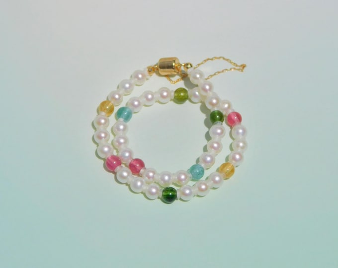 4mm Freshwater Pearls & Rainbow Tourmaline Bracelet | Pearl and Gemstone | Solid 14kt Gold Magnetic Clasp | AAA | Au585 | Pearl Bracelet