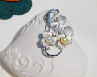 Pearl Flower Bouquet Brooch | Multi-color Saltwater Pearls | White Gold Over Silver | Pearl Pin | Akoya Pearls | Pastel Blue | Cream | White