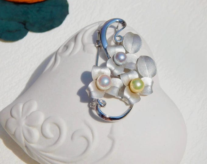 Pearl Flower Bouquet Brooch | Multi-color Saltwater Pearls | White Gold Over Silver | Pearl Pin | Akoya Pearls | Pastel Blue | Cream | White