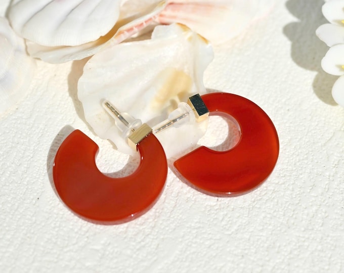 Natural Red Agate Hoop Earrings: Solid 18K Gold, Large Natural Gemstone Earrings, 26mm Hoops