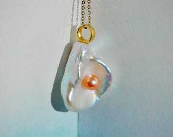 Ultimate Luster Double Pearl Pendant | White with Rainbow | Coral Gold  |  17*24*14mm | Solid 18K Gold Bail | AAA+ | Iridescent Pearl