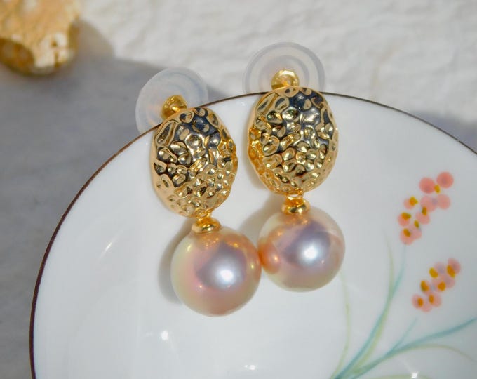 12.6mm Pastel Pink Pearl Earrings | Vermeil Pearl Earrings | AAA | Metallic | Drop Earrings | Freshwater Pearl Earrings | Moon Surface