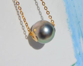 Floating Tahitian Pearl Necklace: Solid 18K Gold,  9.3mm,  Pastel Peacock, AAA