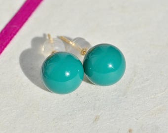 Natural Turquoise Studs: Undyed, Dark Teal, Solid 18K Gold, AAA+, Authentic Hubei Turquoise, 9.2mm
