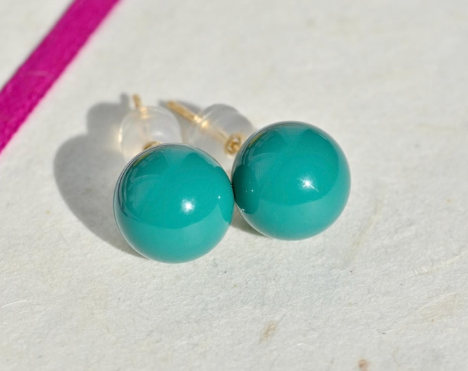 Natural Turquoise Studs: Undyed, Dark Teal, Solid 18K Gold, AAA+, Authentic Hubei Turquoise, 9.2mm