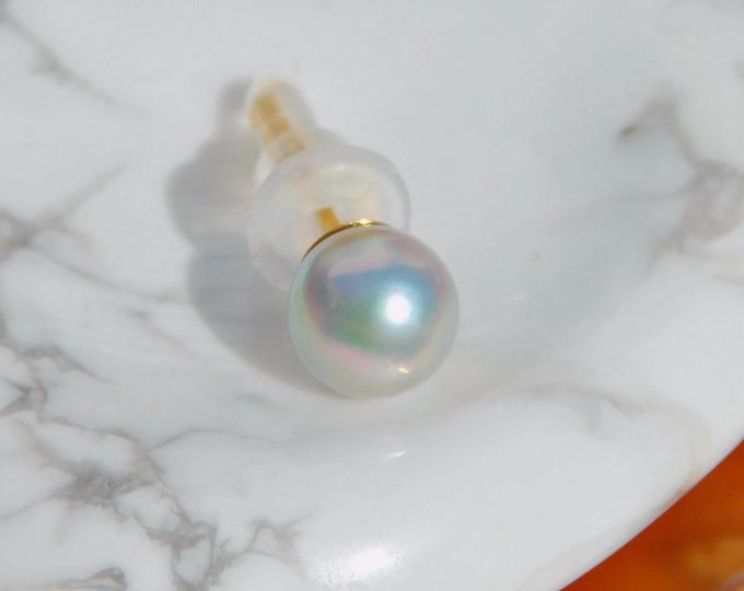 Single ONE Akoya Pearl Stud | Second Piercing | Solid 18k Gold  | Aqua Green | Pastel Blue | 6mm |  Japanese Saltwater Stud | AAA