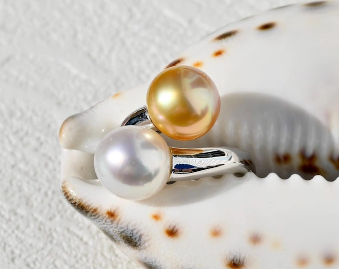 Dual Bypass South Sea Pearl Silver Ring: Deep Golden, White South Sea Pearl, AAA, 5 1/4 US Size