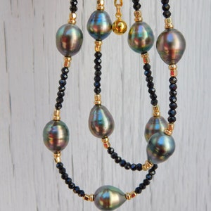 Black Spinel Tahitian Pearl Necklace Tin Cup Gold Filled Multi-color Tahitian Pearls Gemstone and Pearl Adjustable 18'' to 20'' image 10