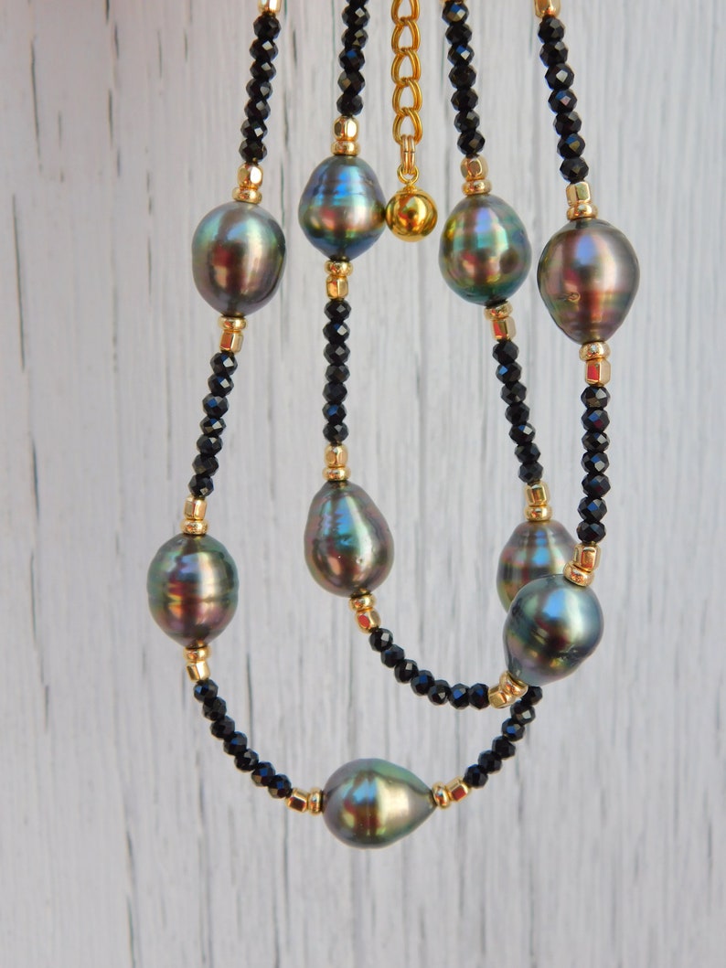 Black Spinel Tahitian Pearl Necklace Tin Cup Gold Filled Multi-color Tahitian Pearls Gemstone and Pearl Adjustable 18'' to 20'' image 10