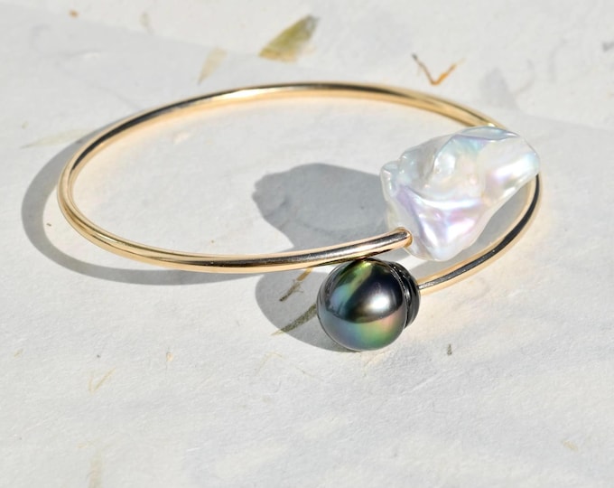 Dual Pearl Bypass Bangle: Very Peacock Tahitian, 2.3mm Round Gold filled Open Bangle, 6.5-6.75 inch Wrist Size, AAA
